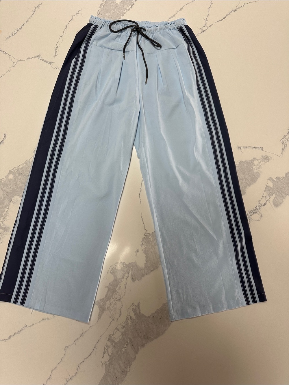 Light Blue Track-Style Wide Leg Pants with Navy Side Stripes